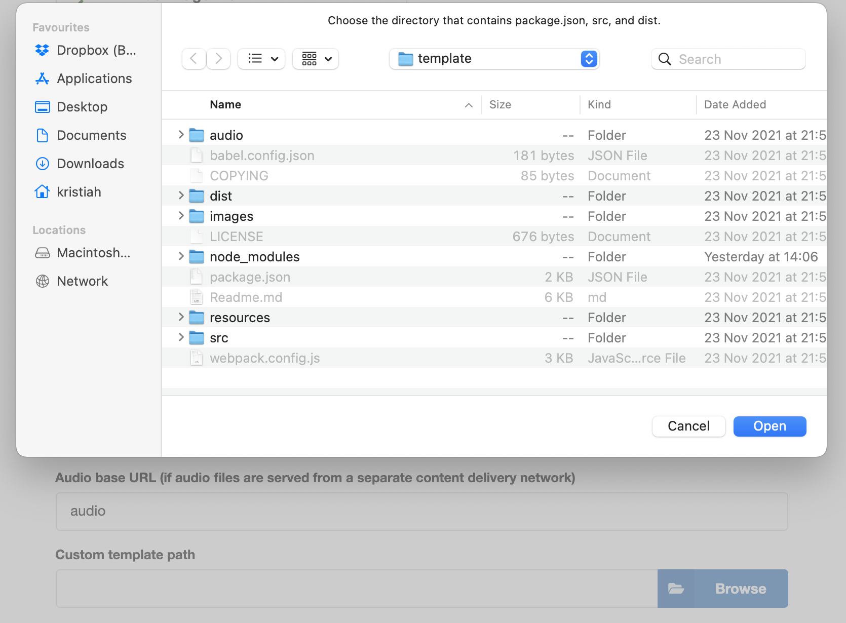 Screenshot of the "file open" dialogue with the packages/template directory selected, above the custom template advanced settings field.