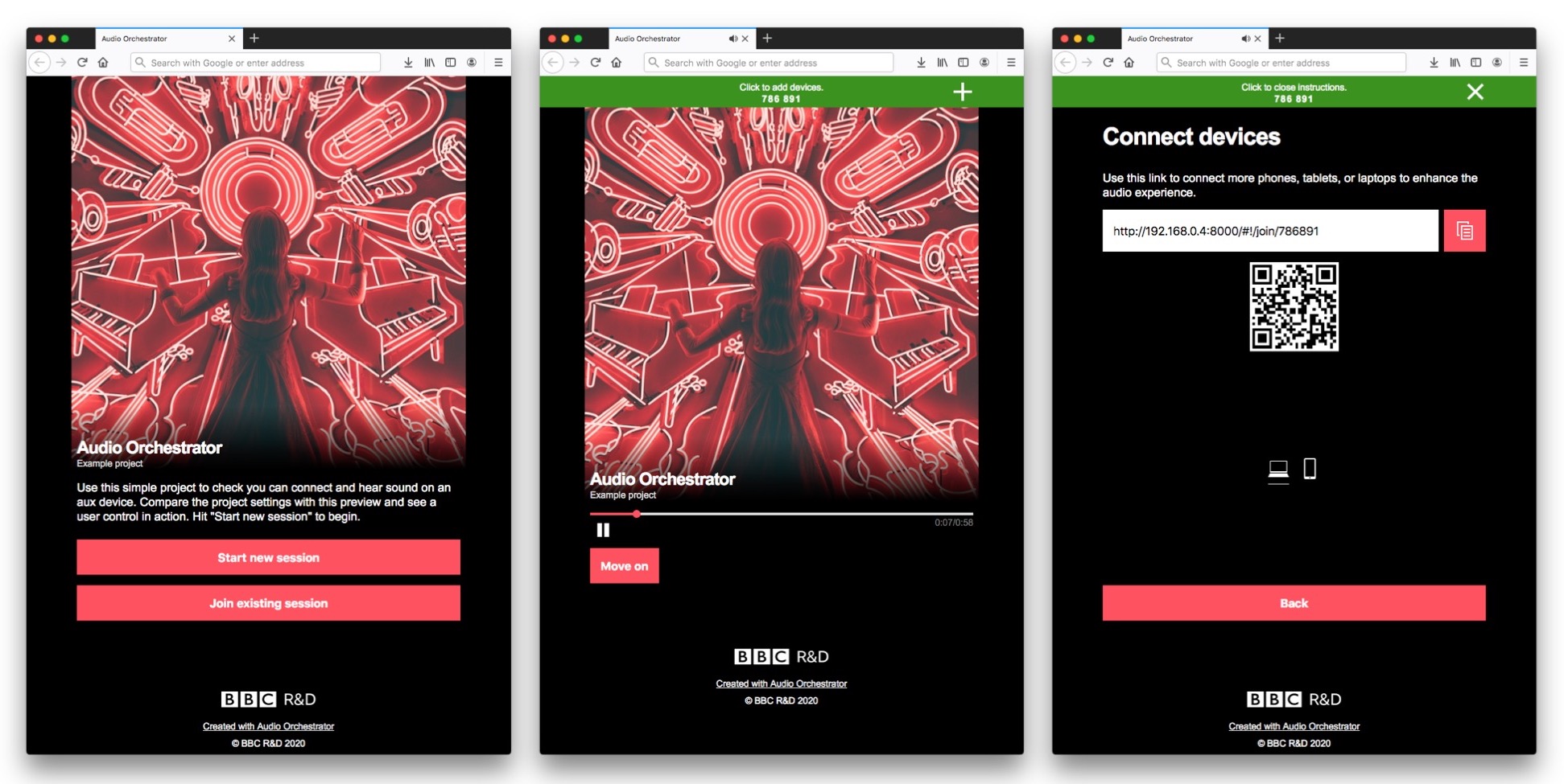 Three screenshots of the prototype application. The leftmost image shows the cover image, start button, and join button. The centre image shows the cover image, transport controls, and sequence destinations. The rightmost image shows the joining link, QR code, and connected devices.