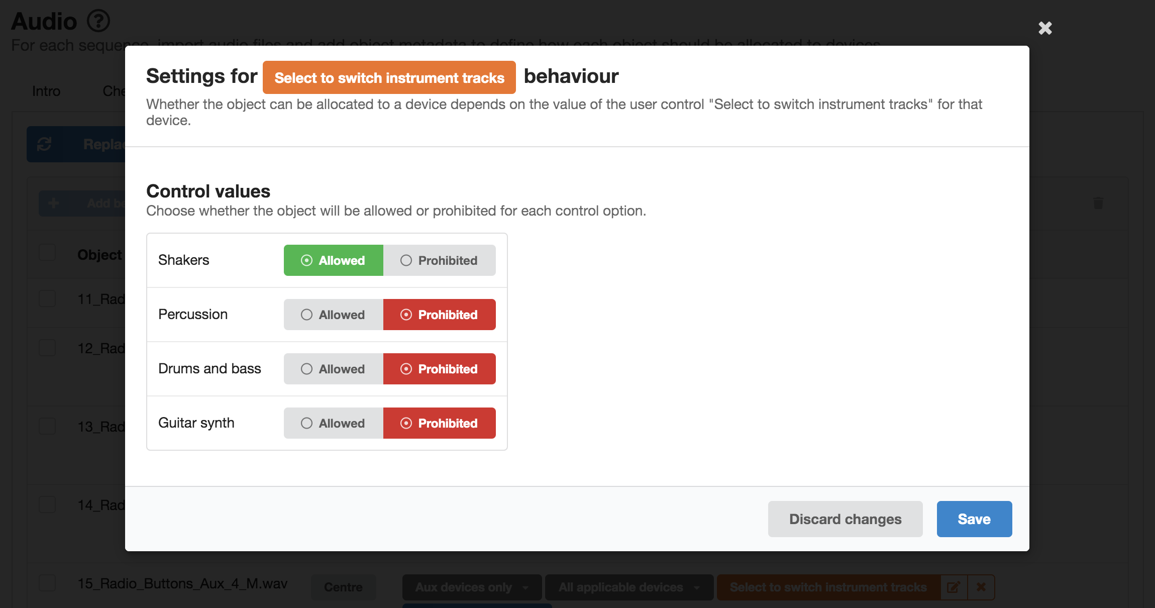 Screenshot of the settings for a control-linked behaviour, showing allowed and prohibited options for all of the linked control values