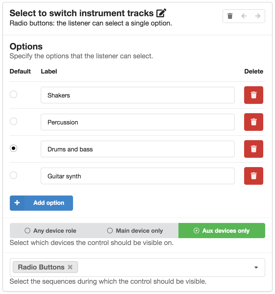 Screenshot of a controls card, showing labels for the options that the listener can select, as well as various other settings