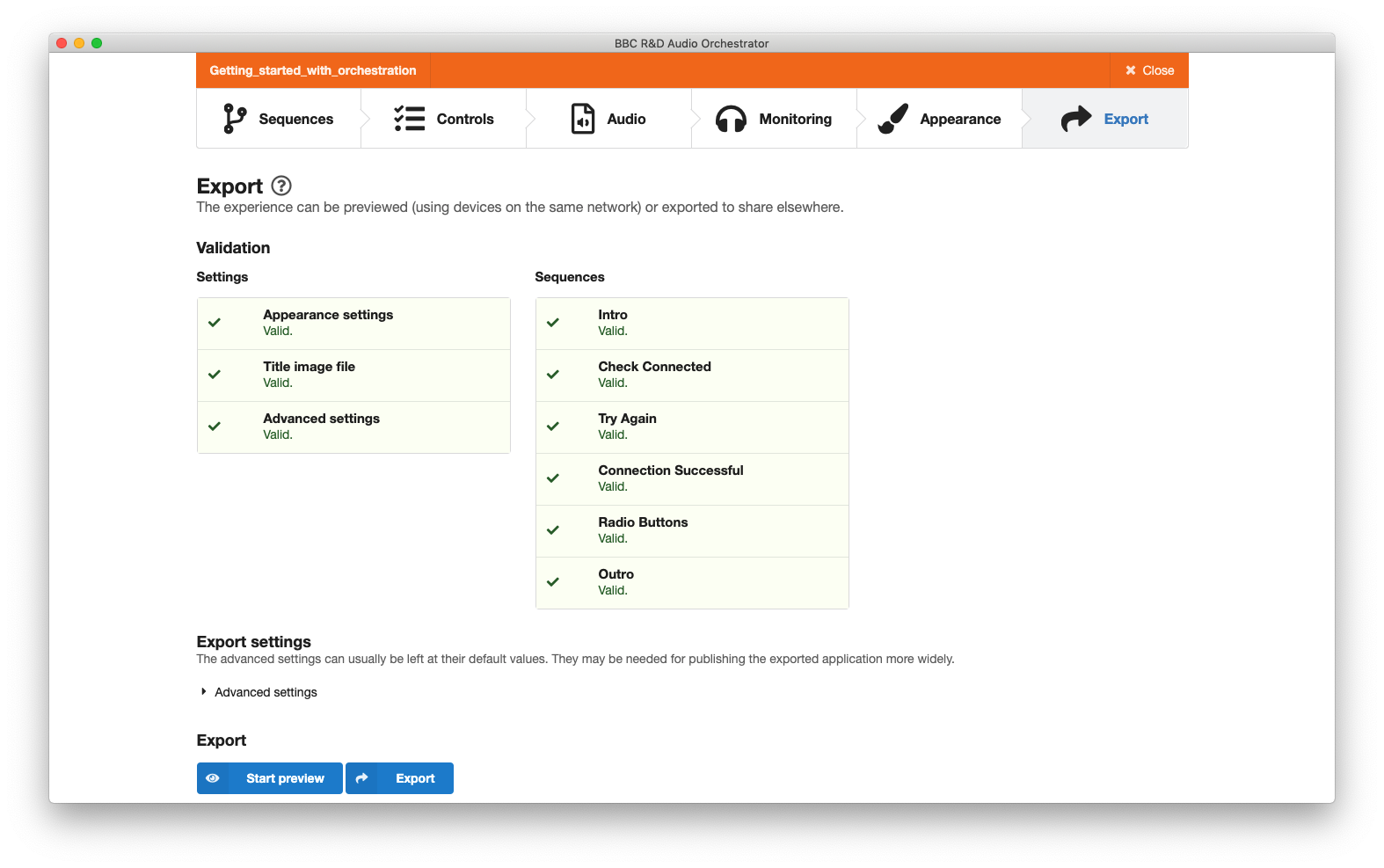 Screenshot of the Export page, showing valid settings and sequences, and buttons to start a preview or export the experience