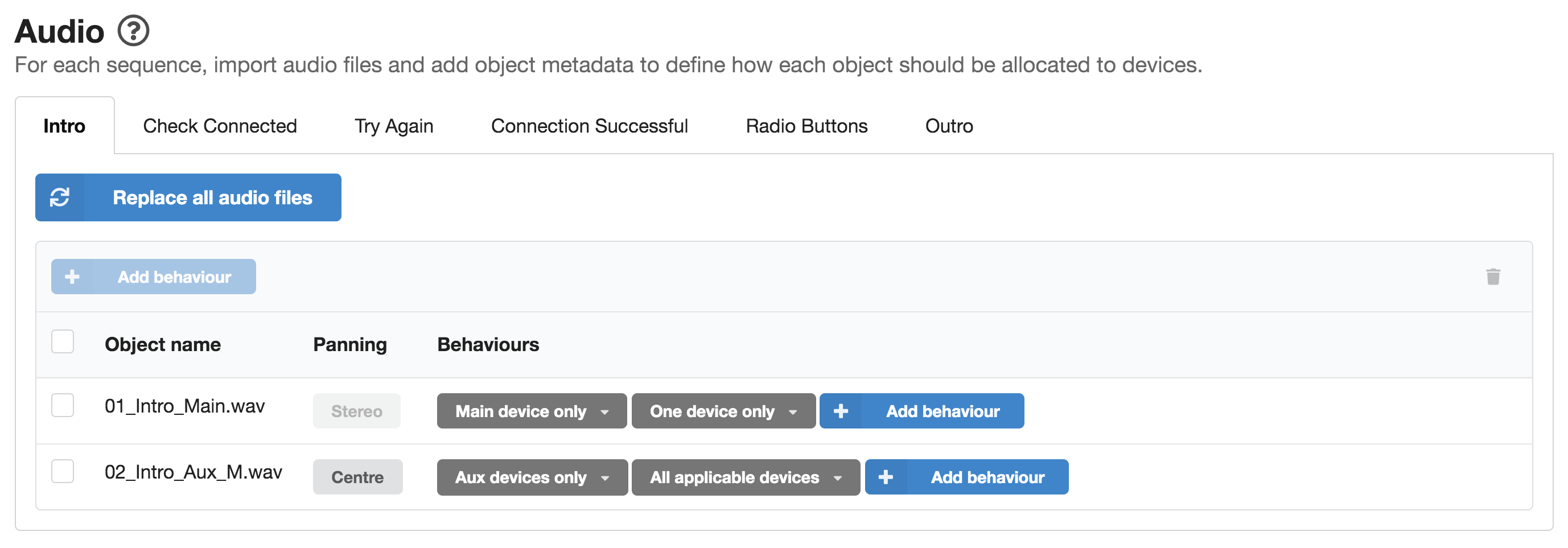 Screenshot of the Audio page, showing panning and fixed behaviours with various settings