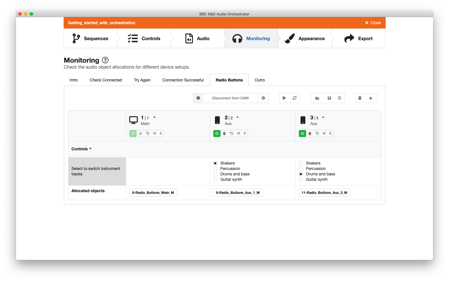 Screenshot of the Monitoring page, showing a table with three virtual devices, a radio buttons control, and one object allocated to each device