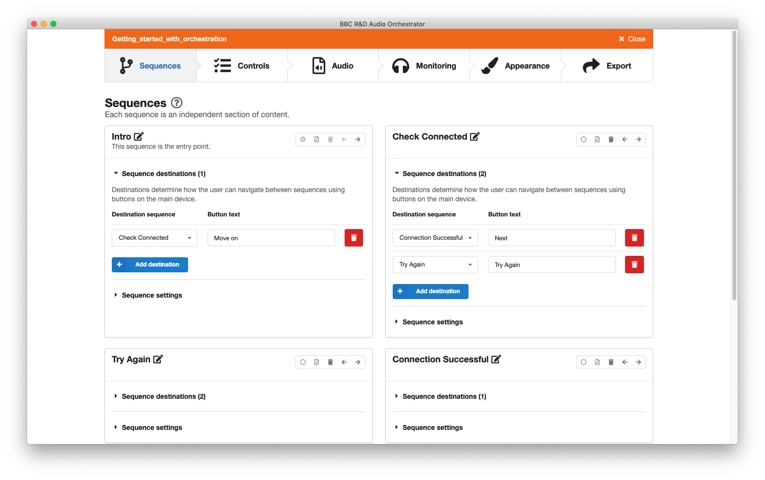 Screenshot of the Audio Orchestrator sequences page, showing cards for the first four sequences in the "Getting started with orchestration" example project