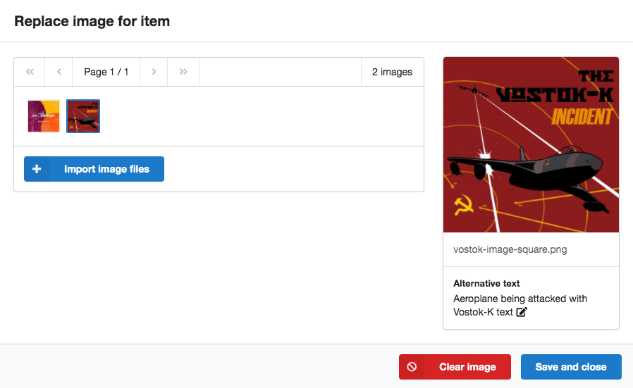 Screenshot of the Replace image for item dialogue box, showing two small thumbnail images, with one selected, and an interface for adding alternative text