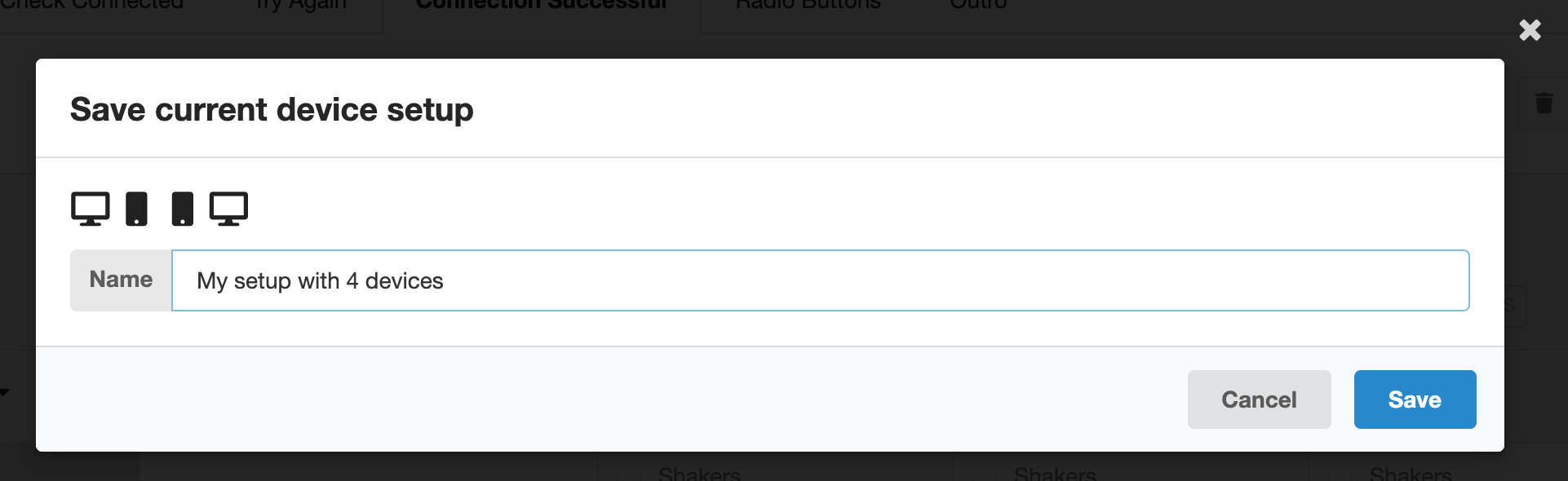 Screenshot of the save current device setup dialogue box, showing icons for the devices in the current setup, a text box for naming the setup, and cancel and save buttons