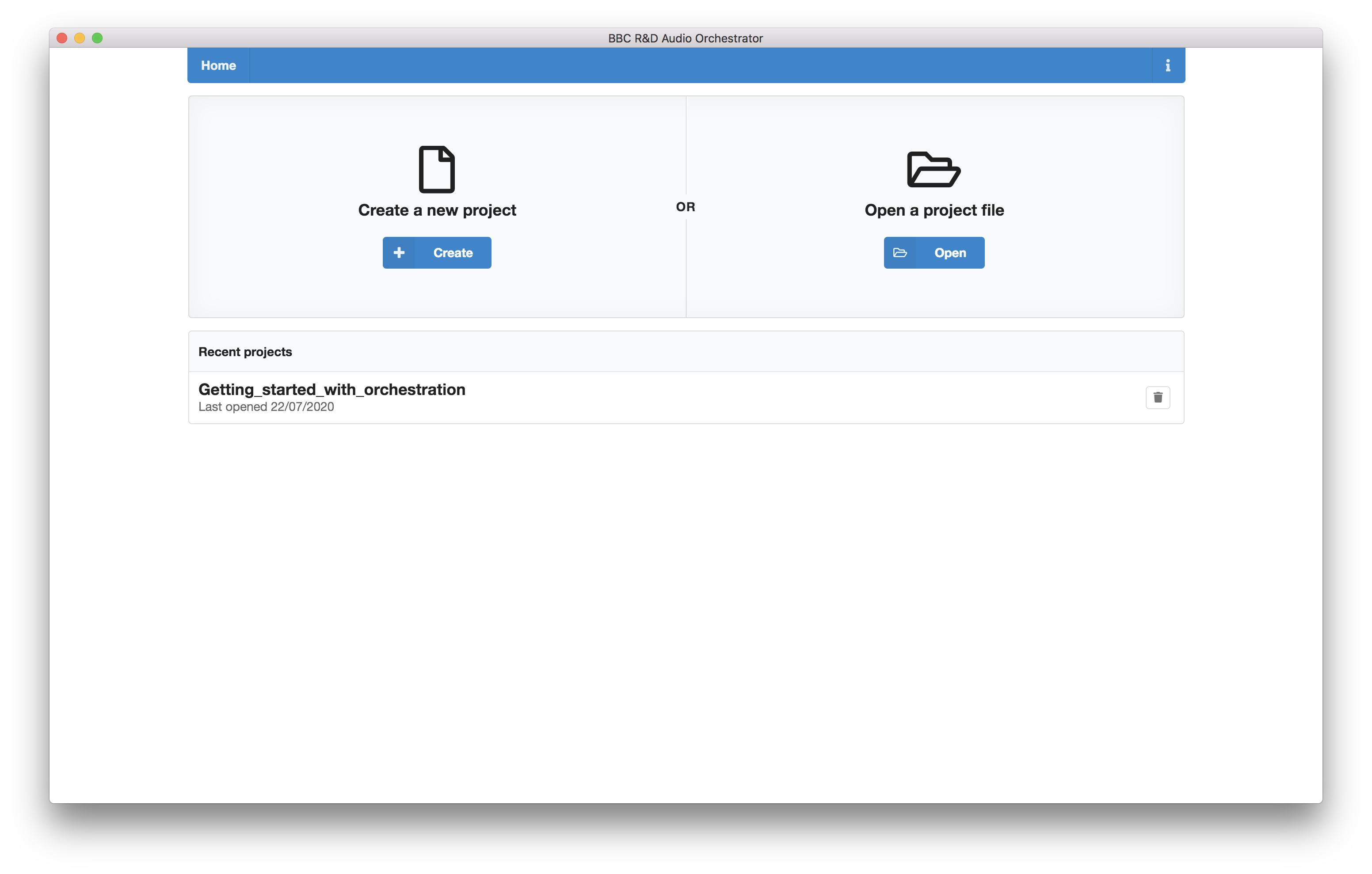 Screenshot of the Audio Orchestrator Home page, showing buttons for creating a new projects and opening a project file, and a single project in the "recent projects" list