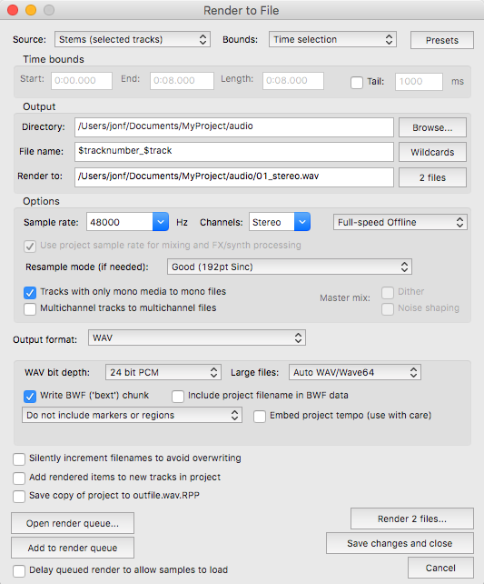Screenshot of the REAPER Render to File dialogue showing the settings suggested in the Audio Orchestrator documentation
