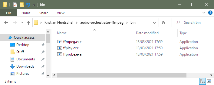 Screenshot of a Windows Explorer window showing the ffmpeg and ffprobe executable files