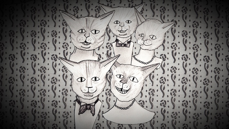 Promotional picture for Decameron Nights, a drawing of five cats