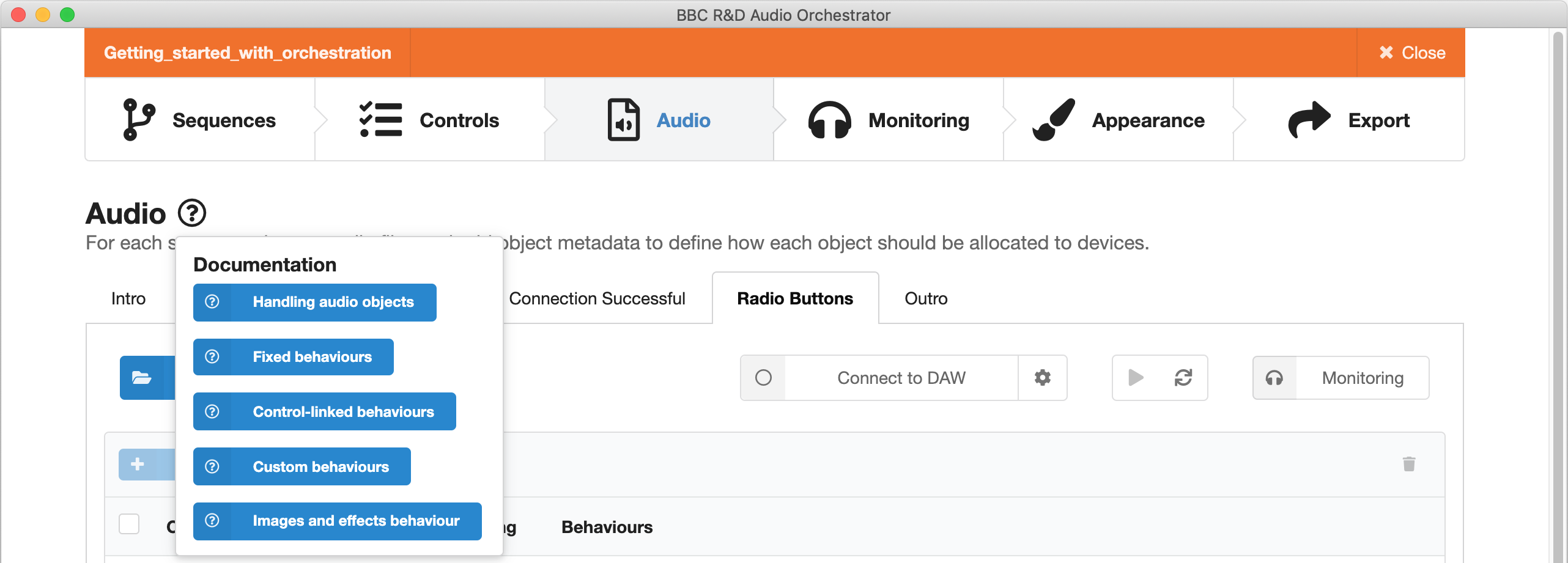 Screenshot of Audio Orchestrator after clicking the question mark icon, showing buttons linking to various pages of the documentation