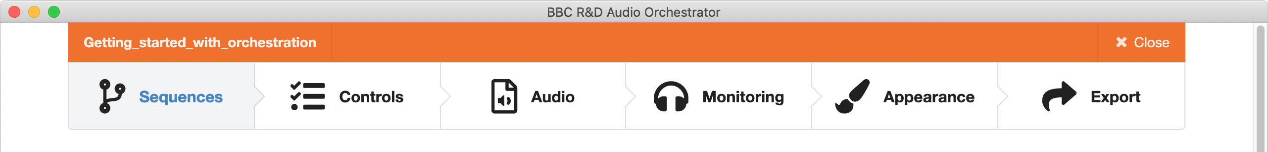 Screenshot of the Audio Orchestrator page menu bar, showing buttons to navigate to each of the Audio Orchestrator pages