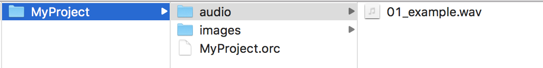 Screenshot of a Finder window showing a MyProject folder containing the MyProject.orc project file and audio and images subdirectories