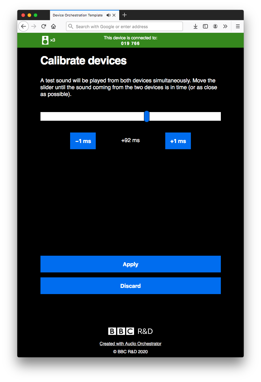 Website interface for calibration, showing some text instructions followed by a slider and some buttons