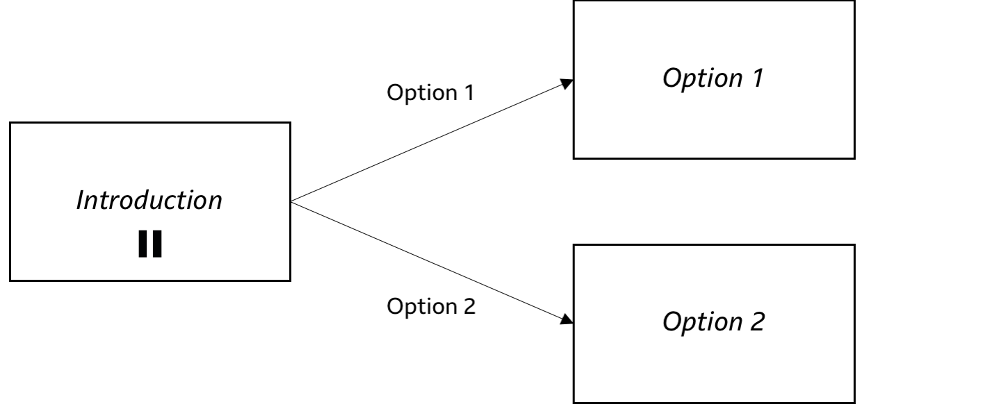 Flow diagram of simple branching narrative, with an introduction sequence leading to either one of two options