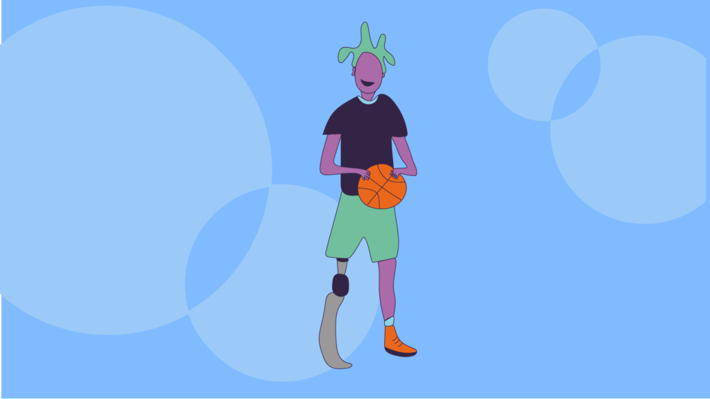 A young person with a prosthetic leg playing basket ball