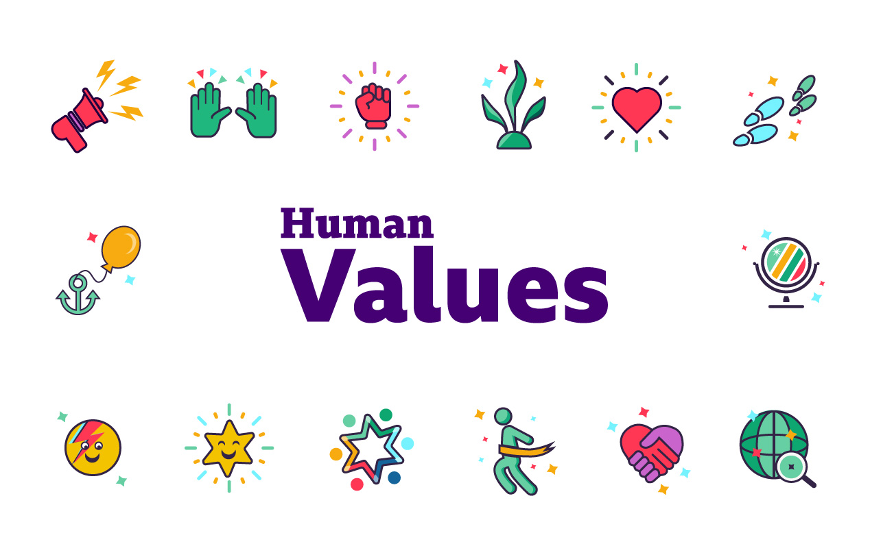 human values title image showing 14 icons